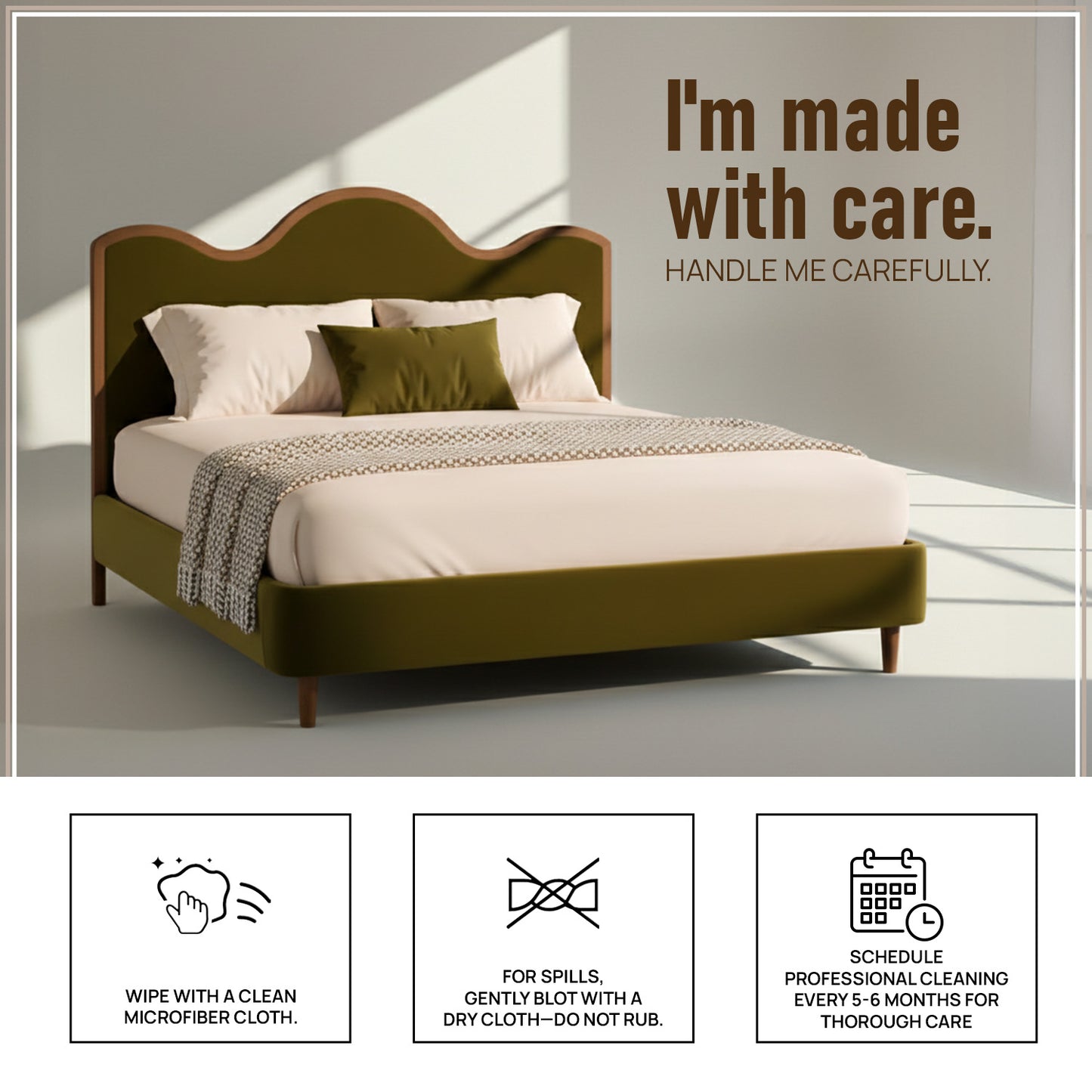 Solara Wave Luxe King Size Bed in Olive Velvet with Oak wood Frame & Hydraulic Storage