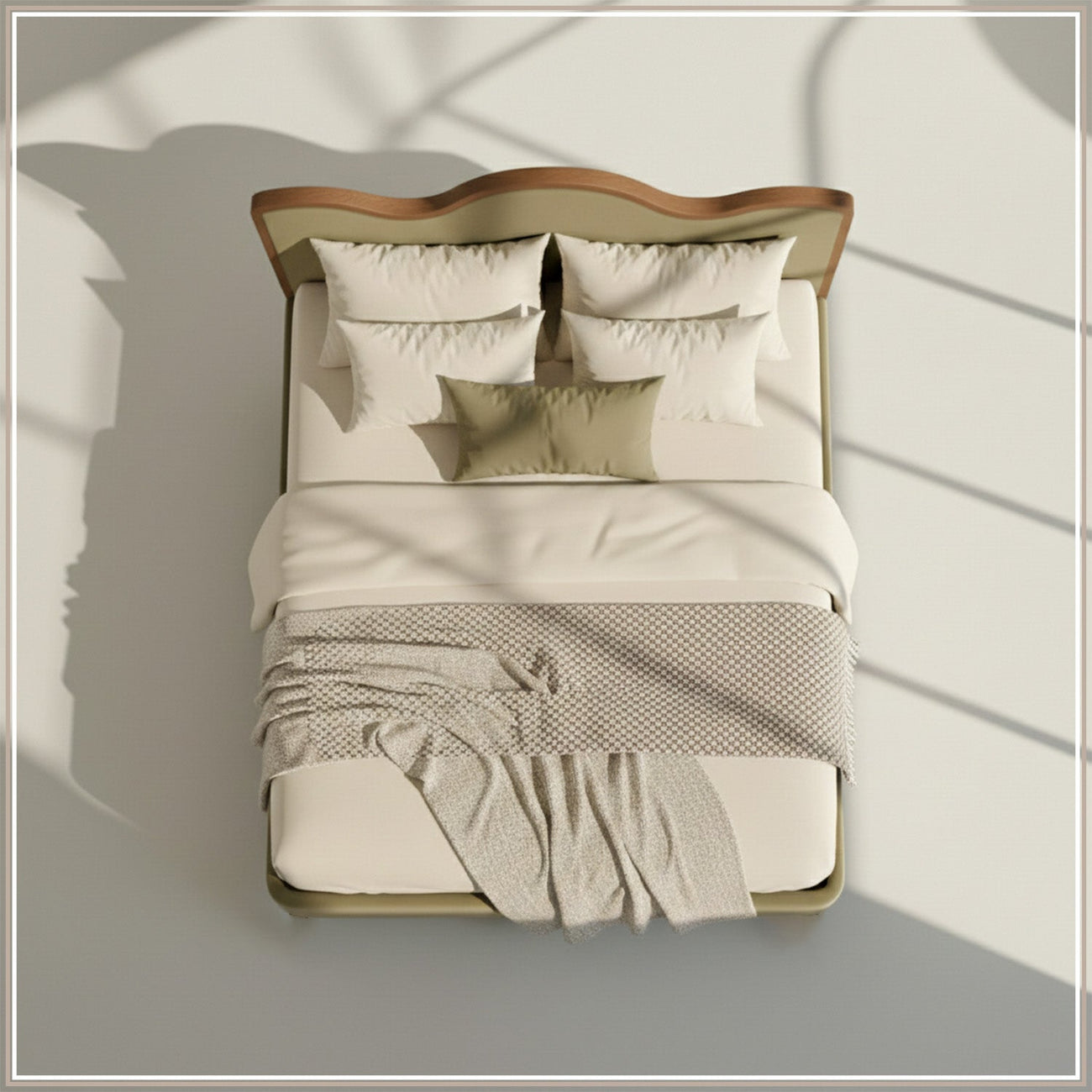 Solara Wave Luxe Queen Size Bed in Olive Velvet with Oak wood Frame & Hydraulic Storage
