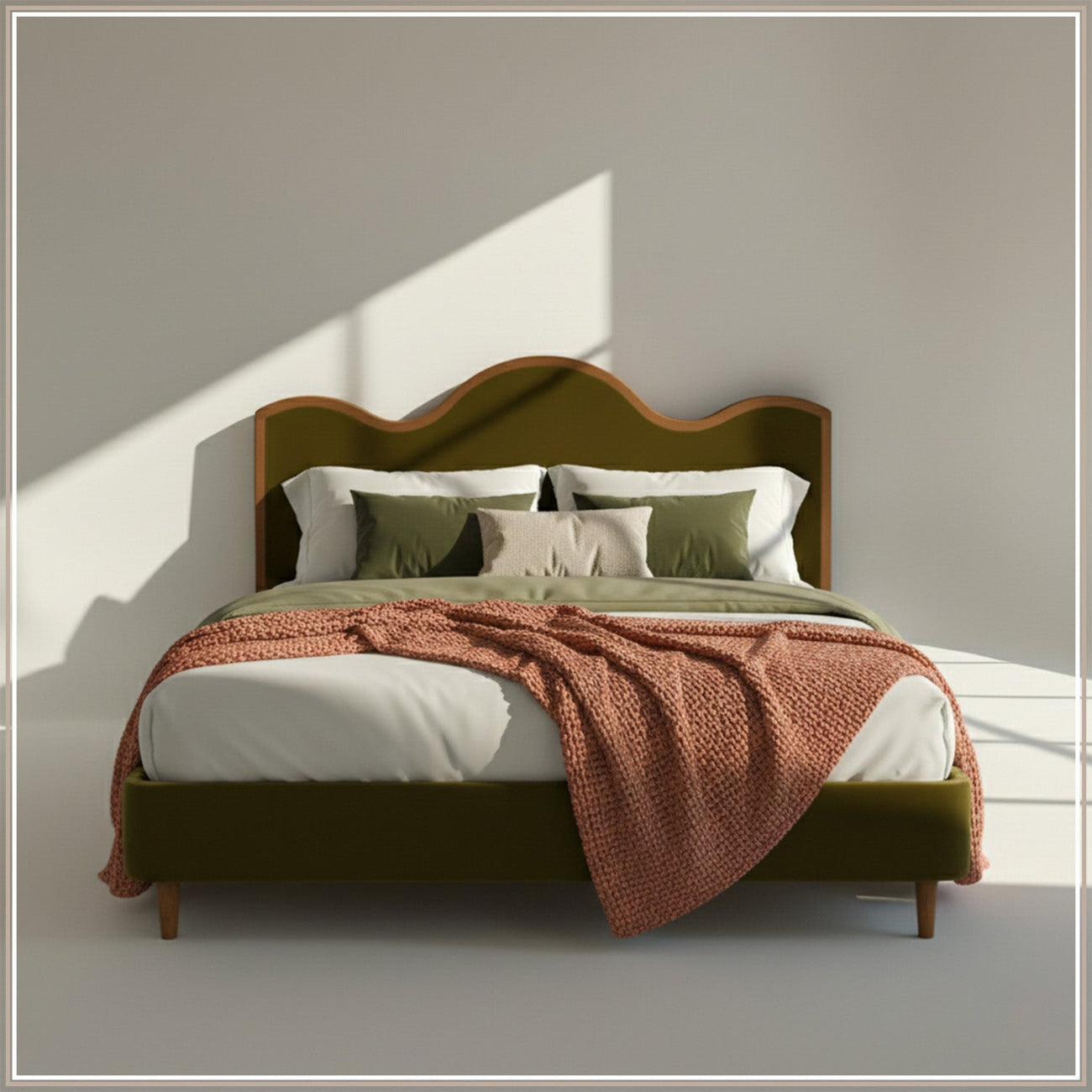 Solara Wave Luxe Queen Size Bed in Olive Velvet with Oak wood Frame & Hydraulic Storage