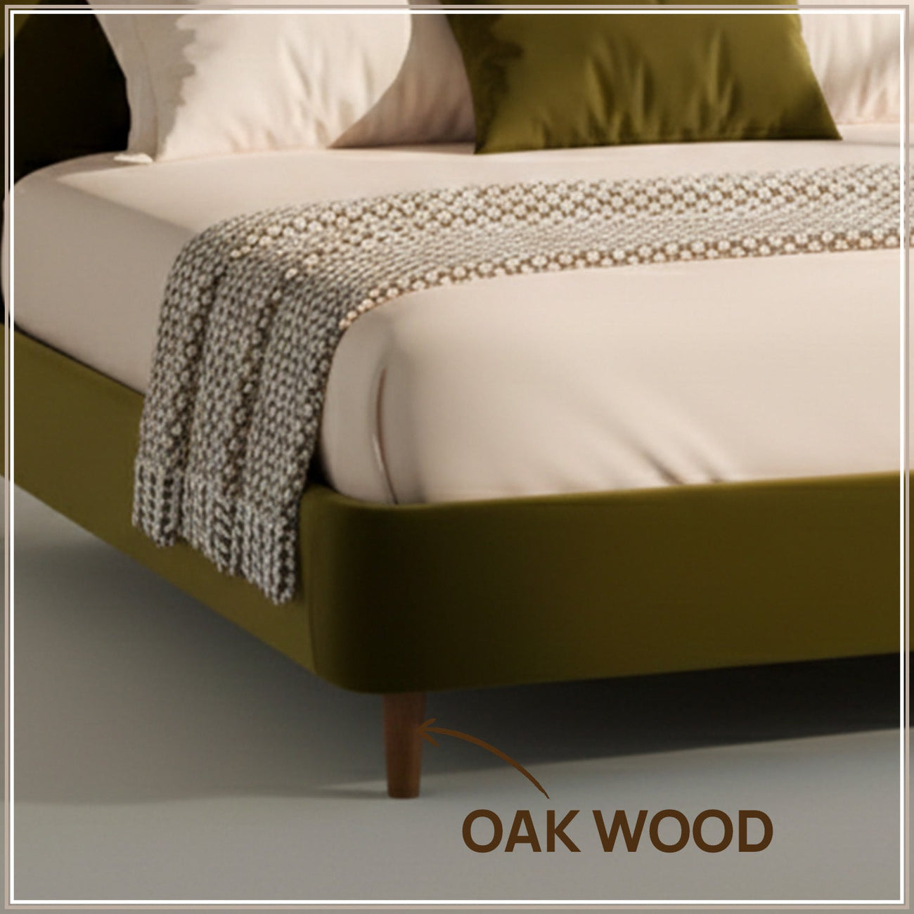 Solara Wave Luxe Queen Size Bed in Olive Velvet with Oak wood Frame & Hydraulic Storage