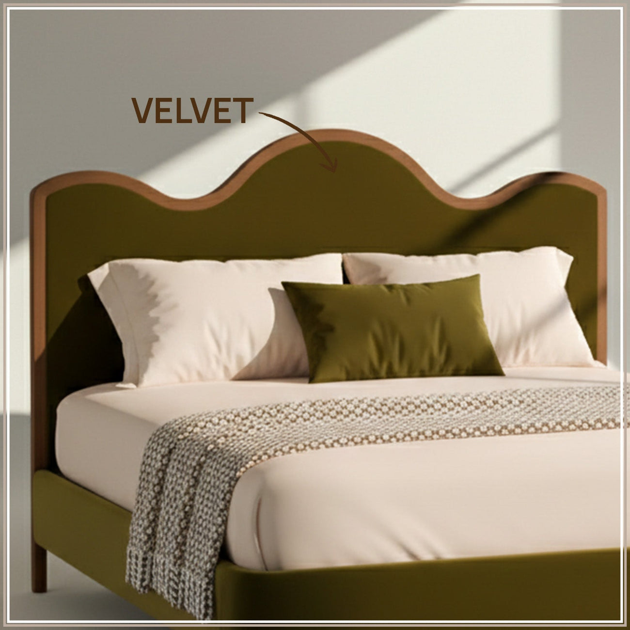 Solara Wave Luxe Queen Size Bed in Olive Velvet with Oak wood Frame & Hydraulic Storage