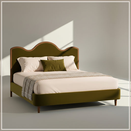 Solara Wave Luxe Queen Size Bed in Olive Velvet with Oak wood Frame & Hydraulic Storage