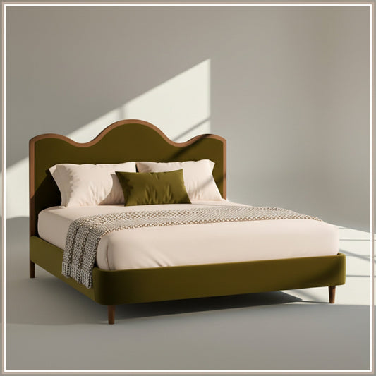 Solara Wave Luxe King Size Bed in Olive Velvet with Oak wood Frame & Hydraulic Storage