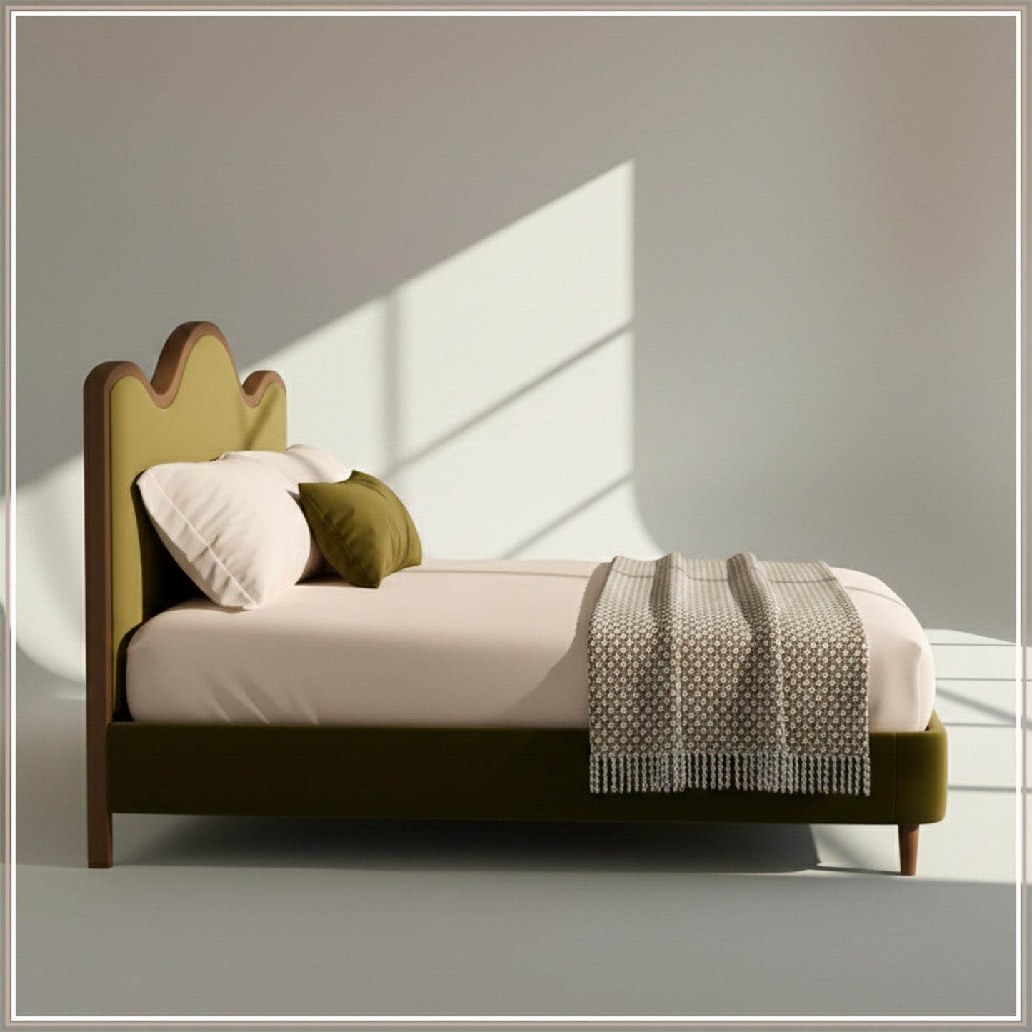 Solara Wave Luxe King Size Bed in Olive Velvet with Oak wood Frame & Hydraulic Storage