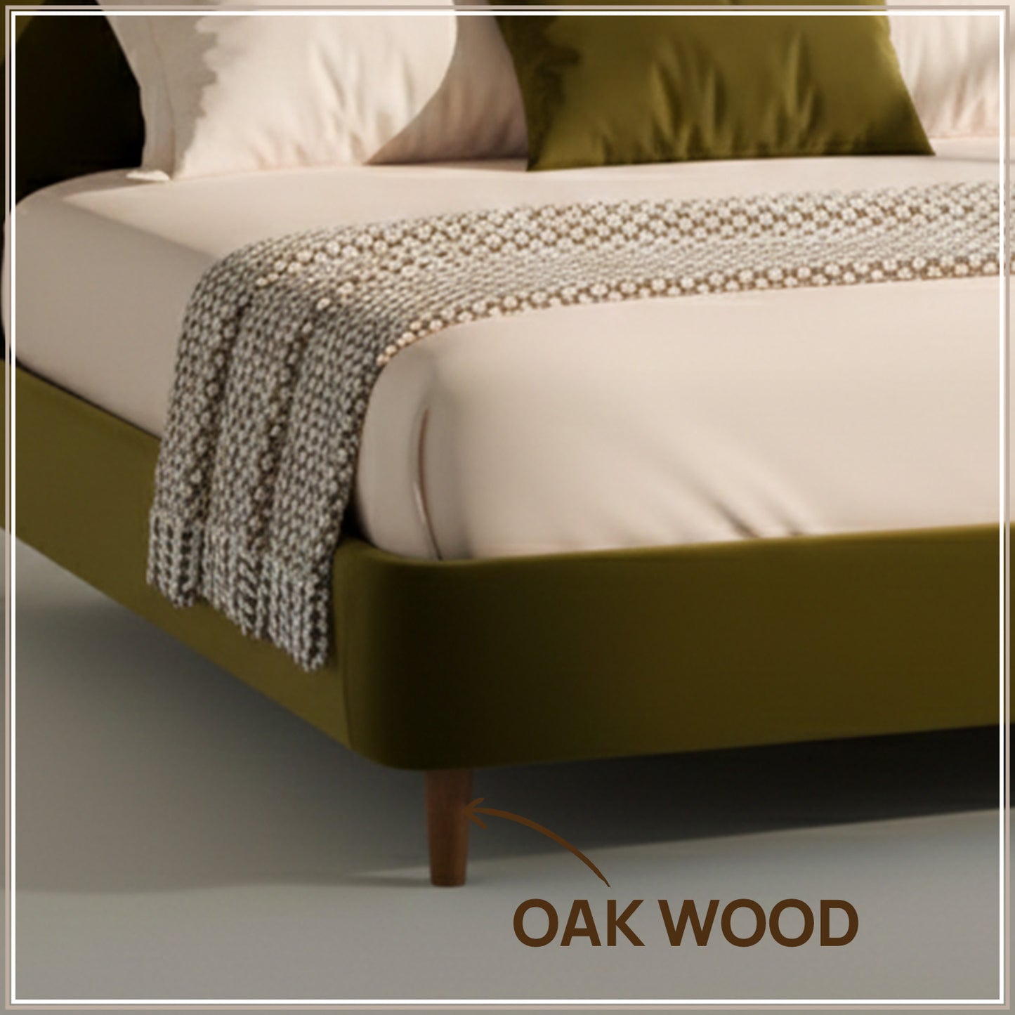 Solara Wave Luxe King Size Bed in Olive Velvet with Oak wood Frame & Hydraulic Storage