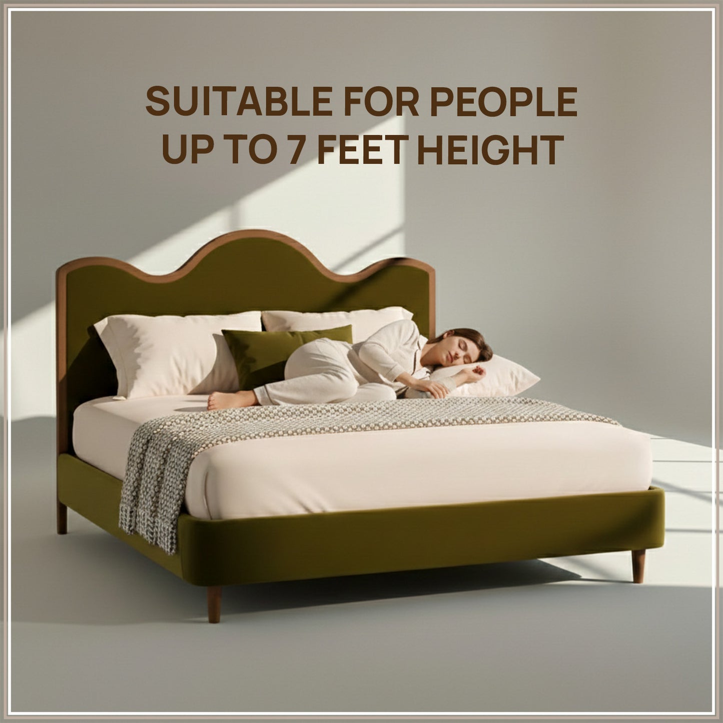 Solara Wave Luxe King Size Bed in Olive Velvet with Oak wood Frame & Hydraulic Storage