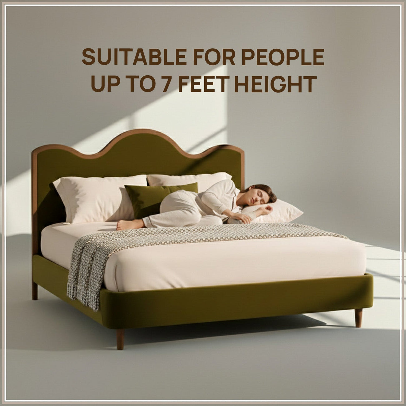 Solara Wave Luxe King Size Bed in Olive Velvet with Oak wood Frame & Hydraulic Storage