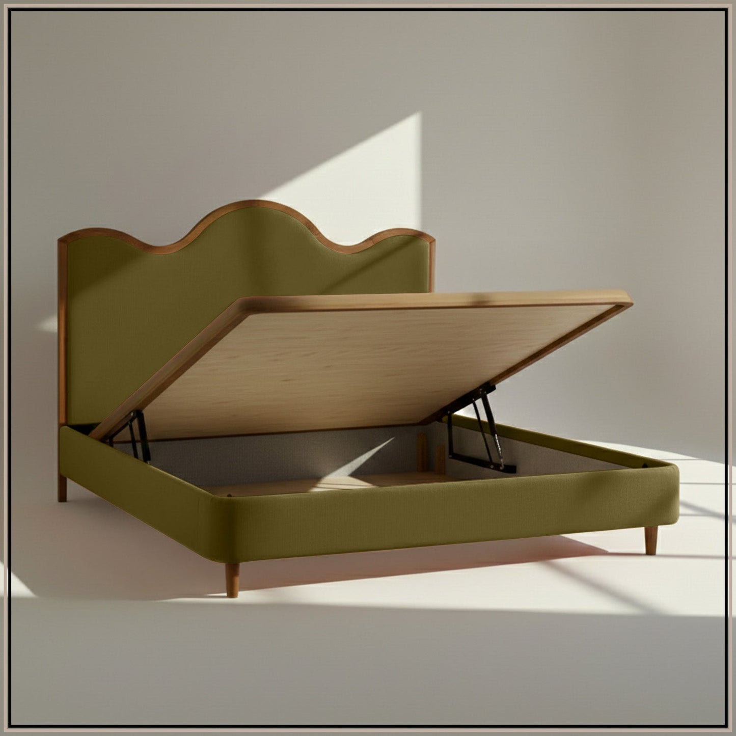Solara Wave Luxe King Size Bed in Olive Velvet with Oak wood Frame & Hydraulic Storage