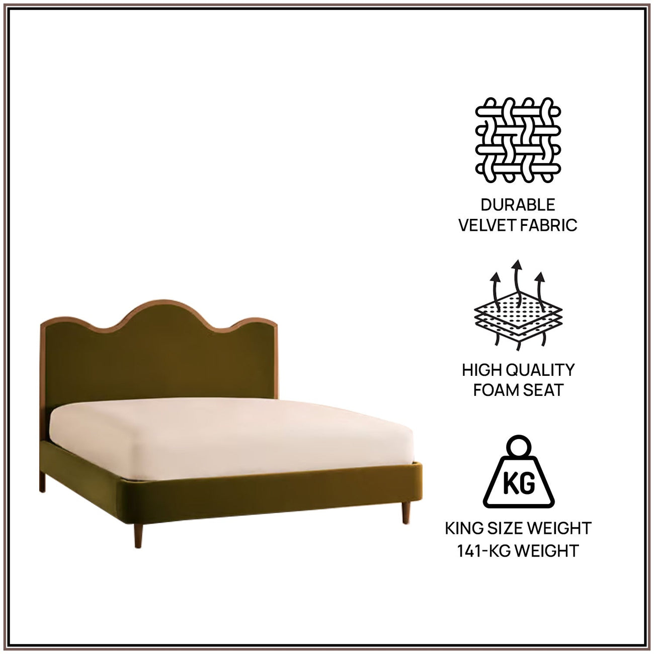 Solara Wave Luxe King Size Bed in Olive Velvet with Oak wood Frame & Hydraulic Storage