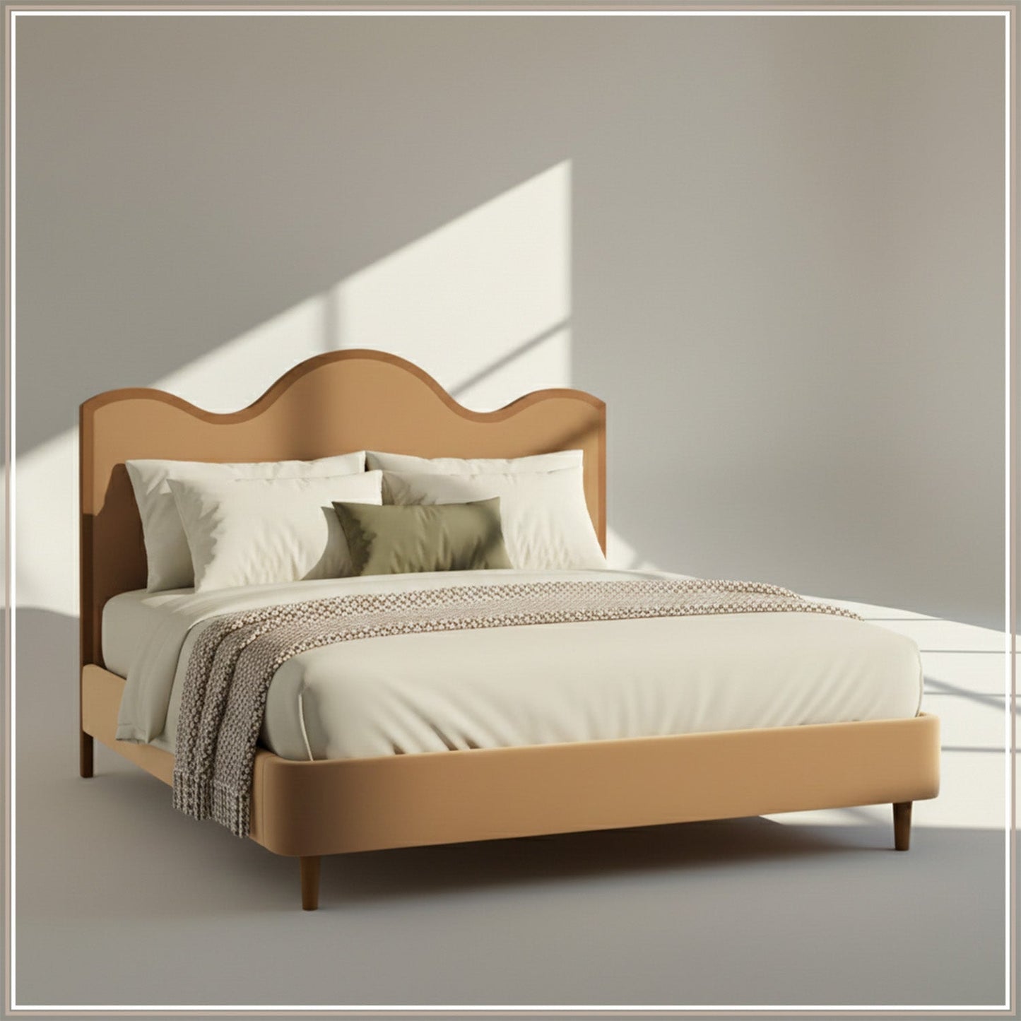 Solara Wave Luxe Queen Size Bed in Camel Velvet with Oak wood Frame & Hydraulic Storage