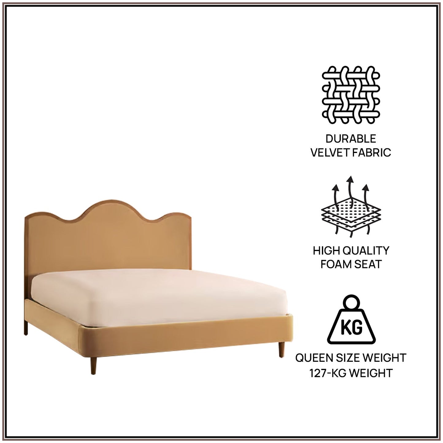 Solara Wave Luxe Queen Size Bed in Camel Velvet with Oak wood Frame & Hydraulic Storage