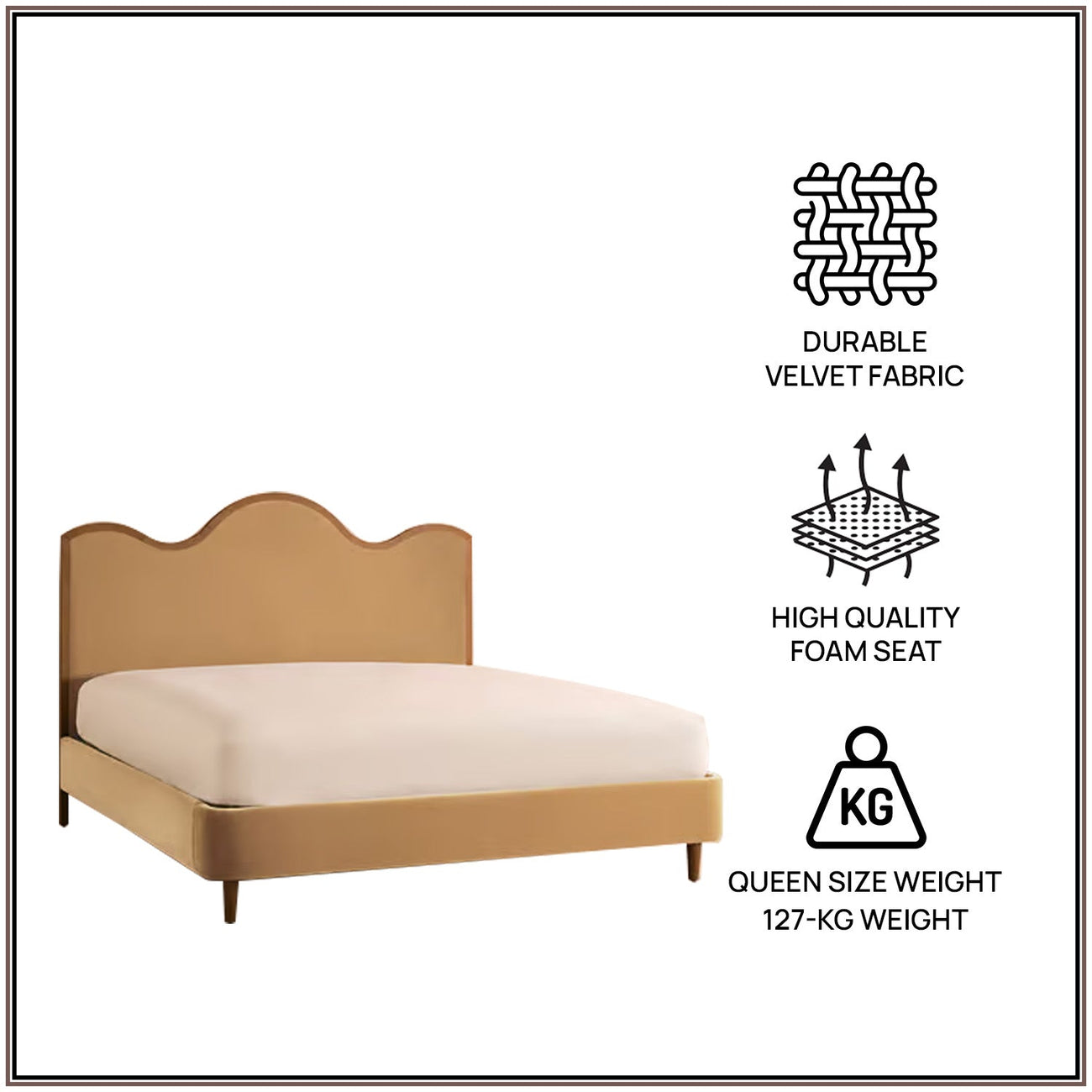 Solara Wave Luxe Queen Size Bed in Camel Velvet with Oak wood Frame & Hydraulic Storage