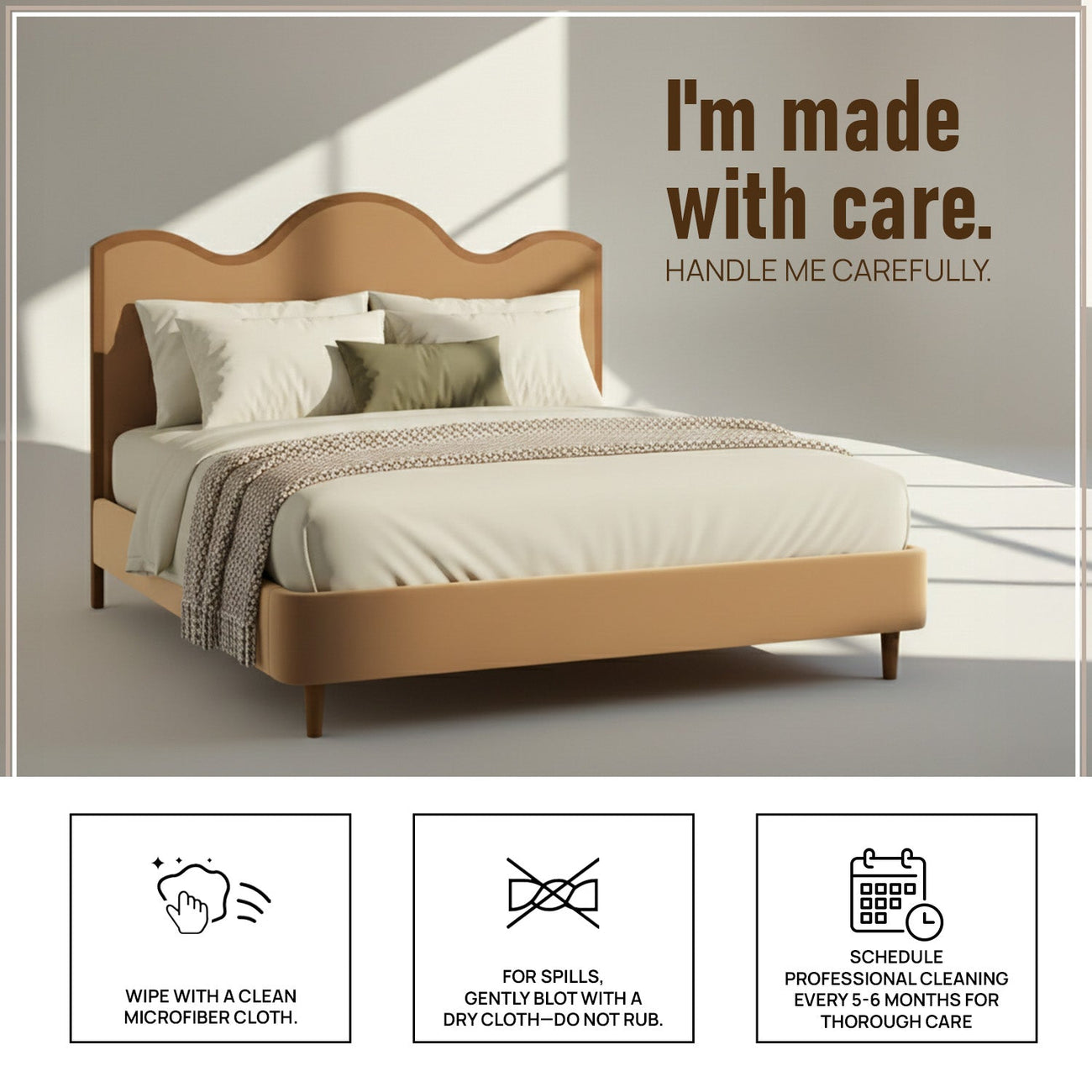 Solara Wave Luxe Queen Size Bed in Camel Velvet with Oak wood Frame & Hydraulic Storage