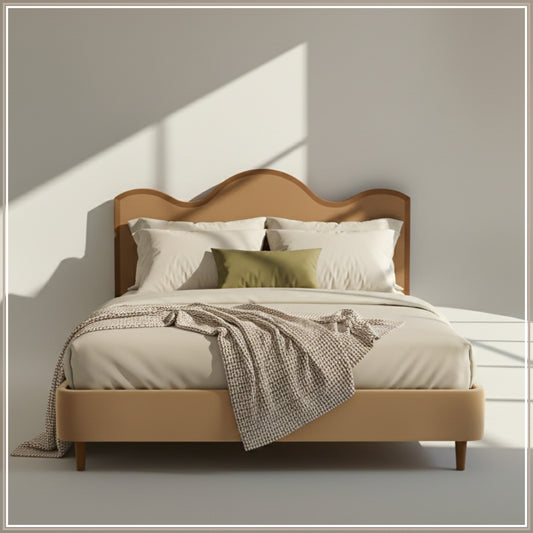 Solara Wave Luxe Queen Size Bed in Camel Velvet with Oak wood Frame & Hydraulic Storage