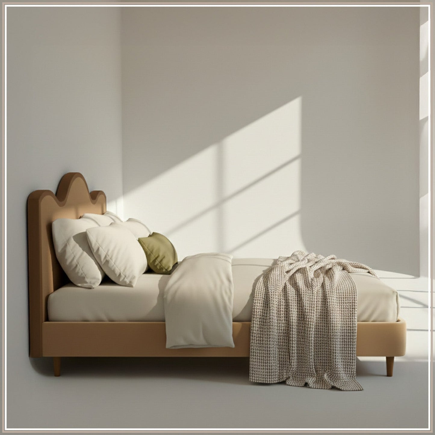 Solara Wave Luxe King Size Bed in Camel Velvet with Oak wood Frame & Hydraulic Storage