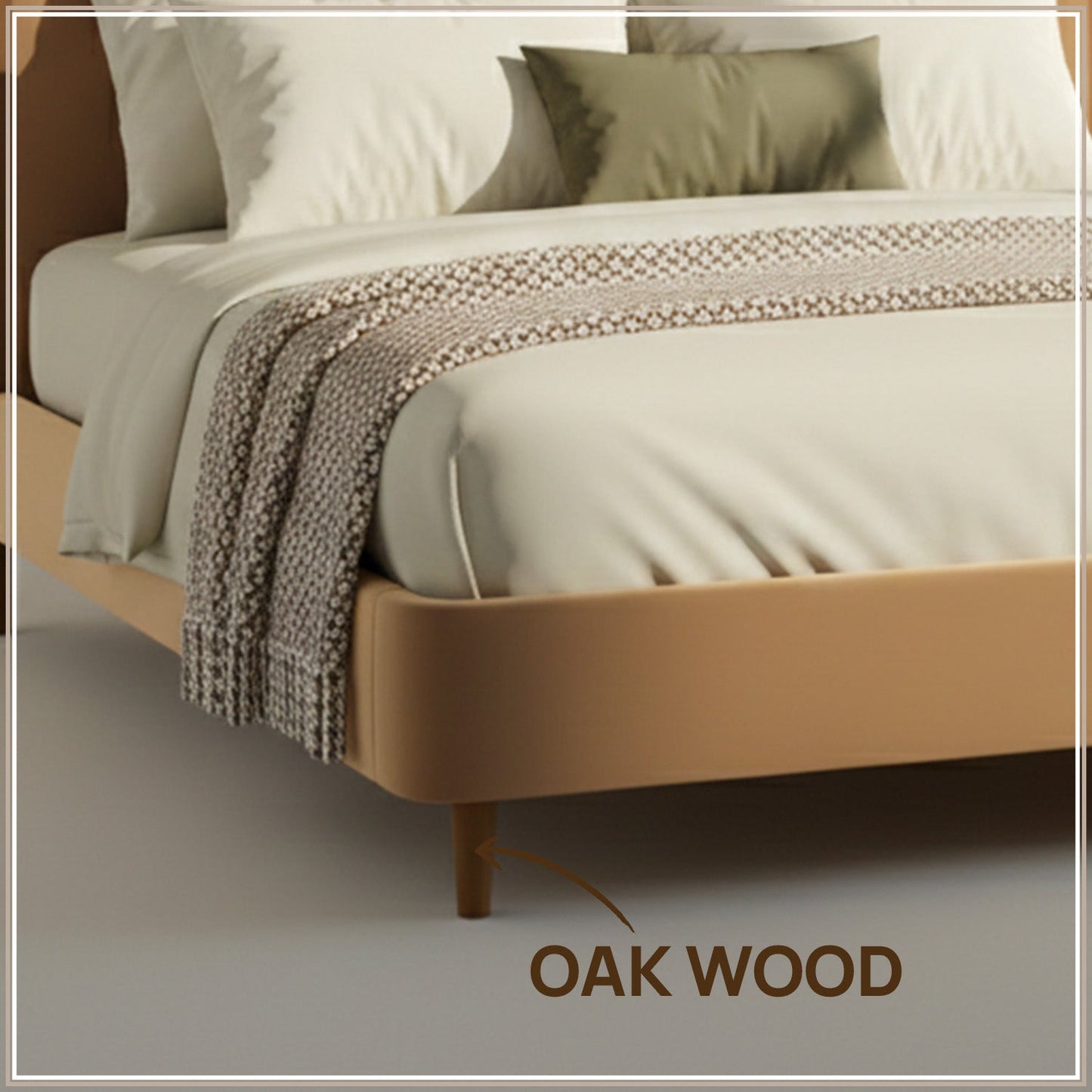 Solara Wave Luxe King Size Bed in Camel Velvet with Oak wood Frame & Hydraulic Storage