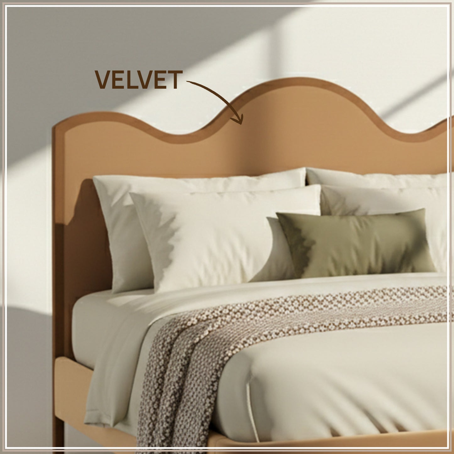 Solara Wave Luxe King Size Bed in Camel Velvet with Oak wood Frame & Hydraulic Storage