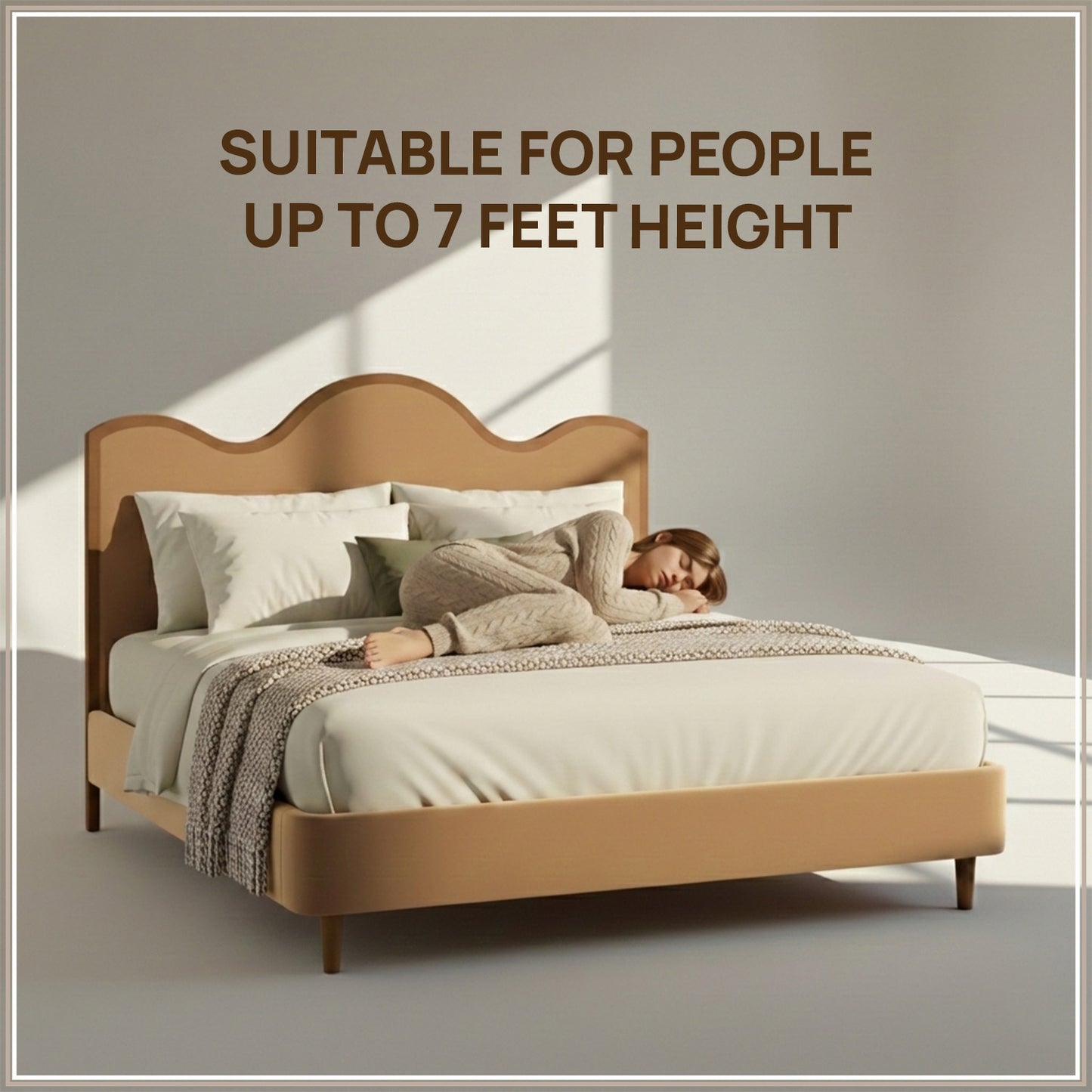 Solara Wave Luxe King Size Bed in Camel Velvet with Oak wood Frame & Hydraulic Storage