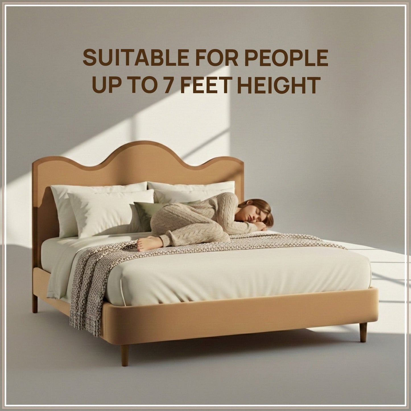 Solara Wave Luxe King Size Bed in Camel Velvet with Oak wood Frame & Hydraulic Storage