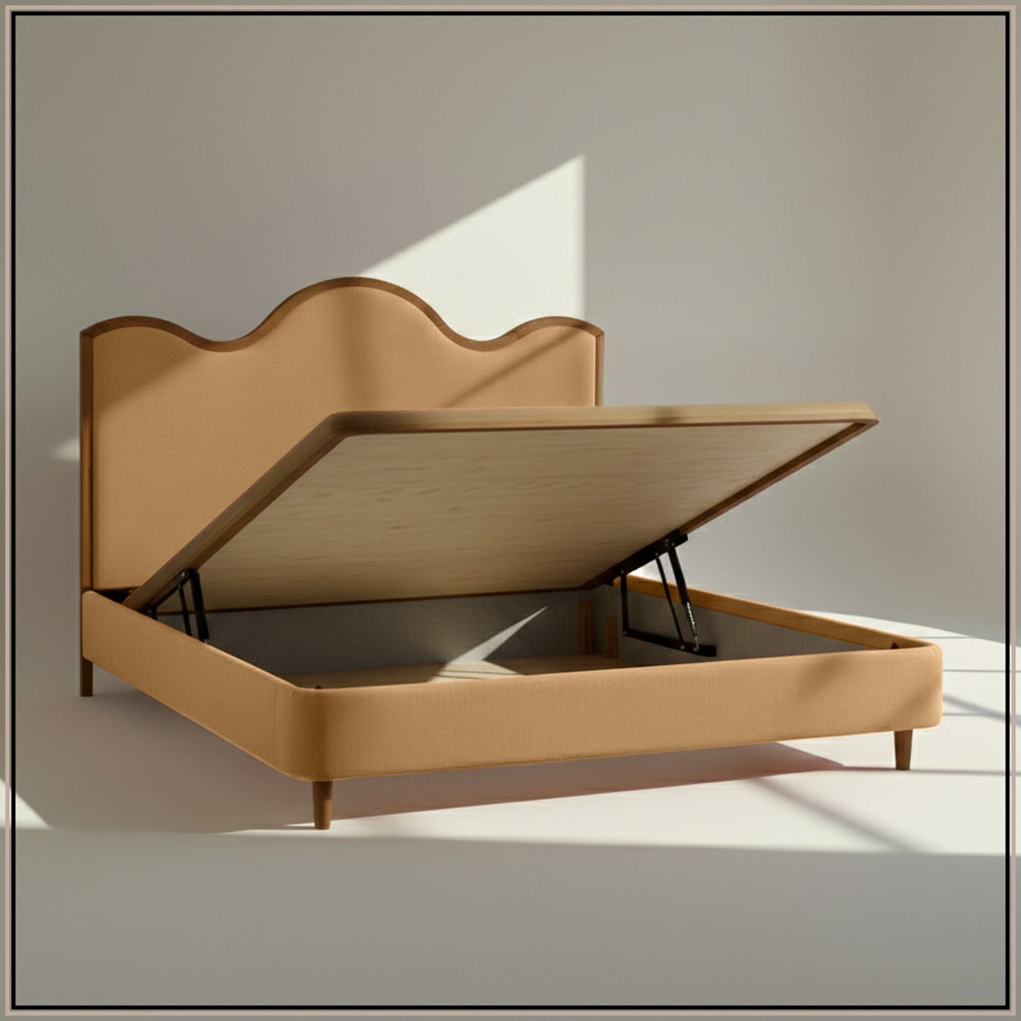 Solara Wave Luxe King Size Bed in Camel Velvet with Oak wood Frame & Hydraulic Storage