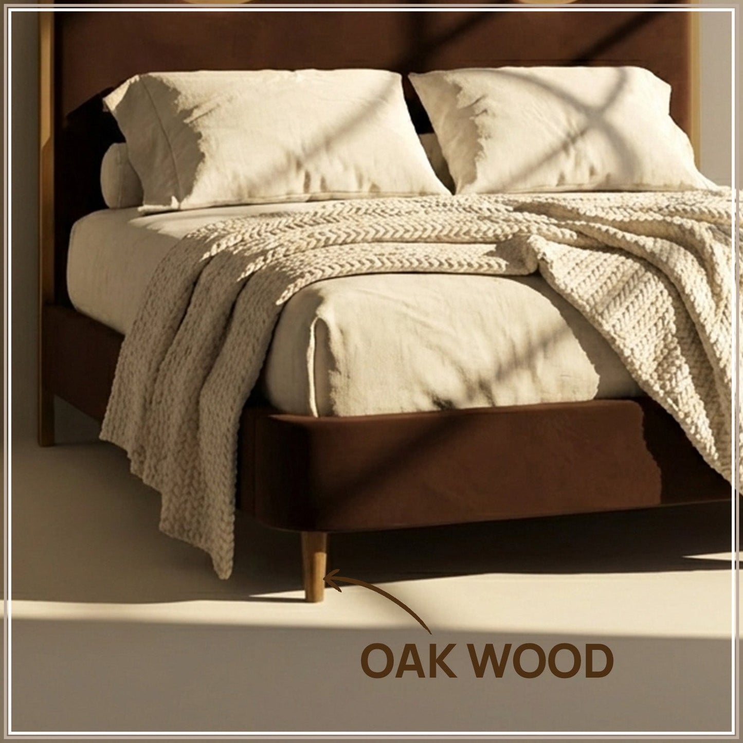 Solara Wave Luxe Queen Size Bed in Chocolate Velvet with Oak wood Frame & Hydraulic Storage