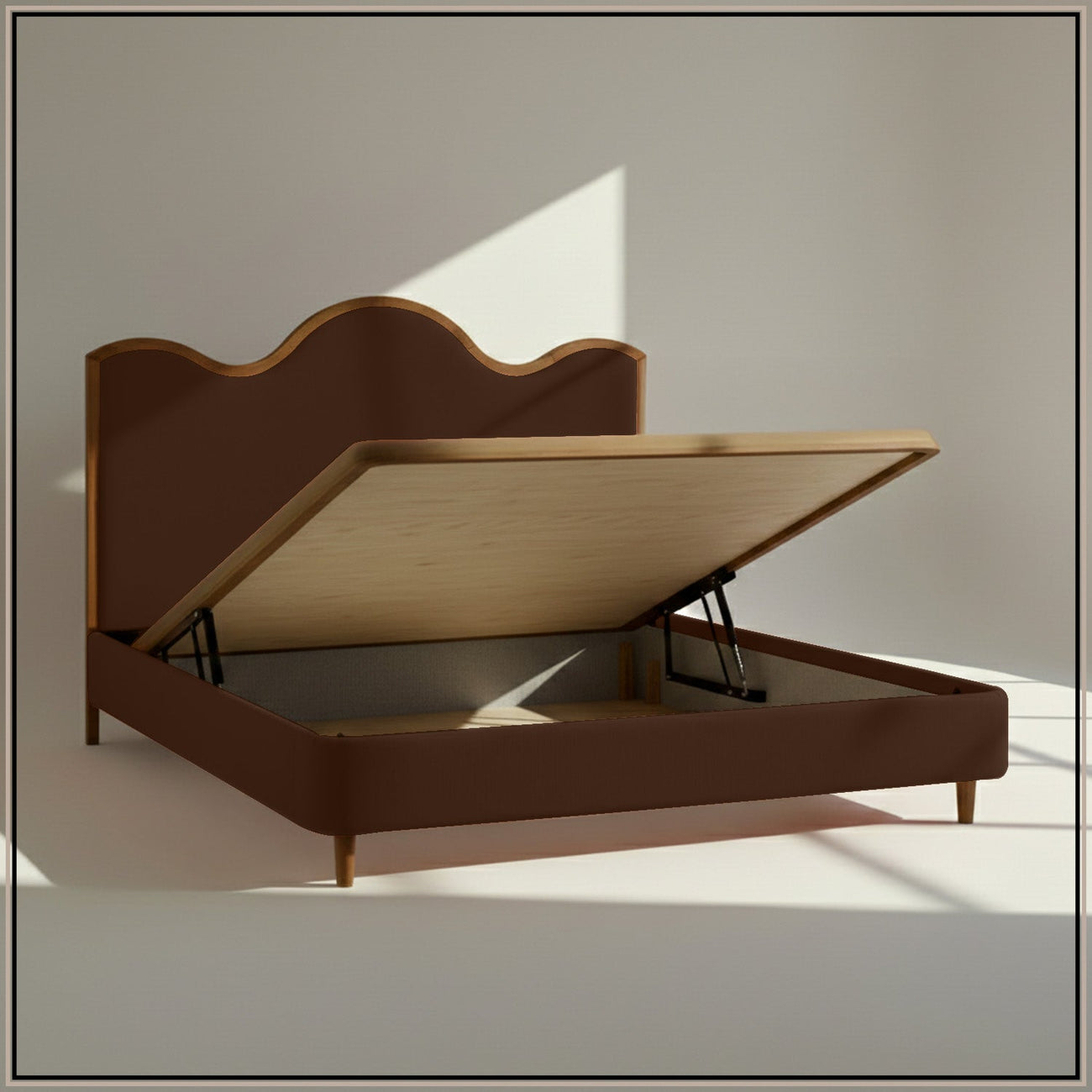 Solara Wave Luxe Queen Size Bed in Chocolate Velvet with Oak wood Frame & Hydraulic Storage