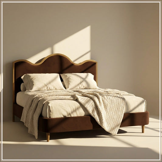 Solara Wave Luxe Queen Size Bed in Chocolate Velvet with Oak wood Frame & Hydraulic Storage