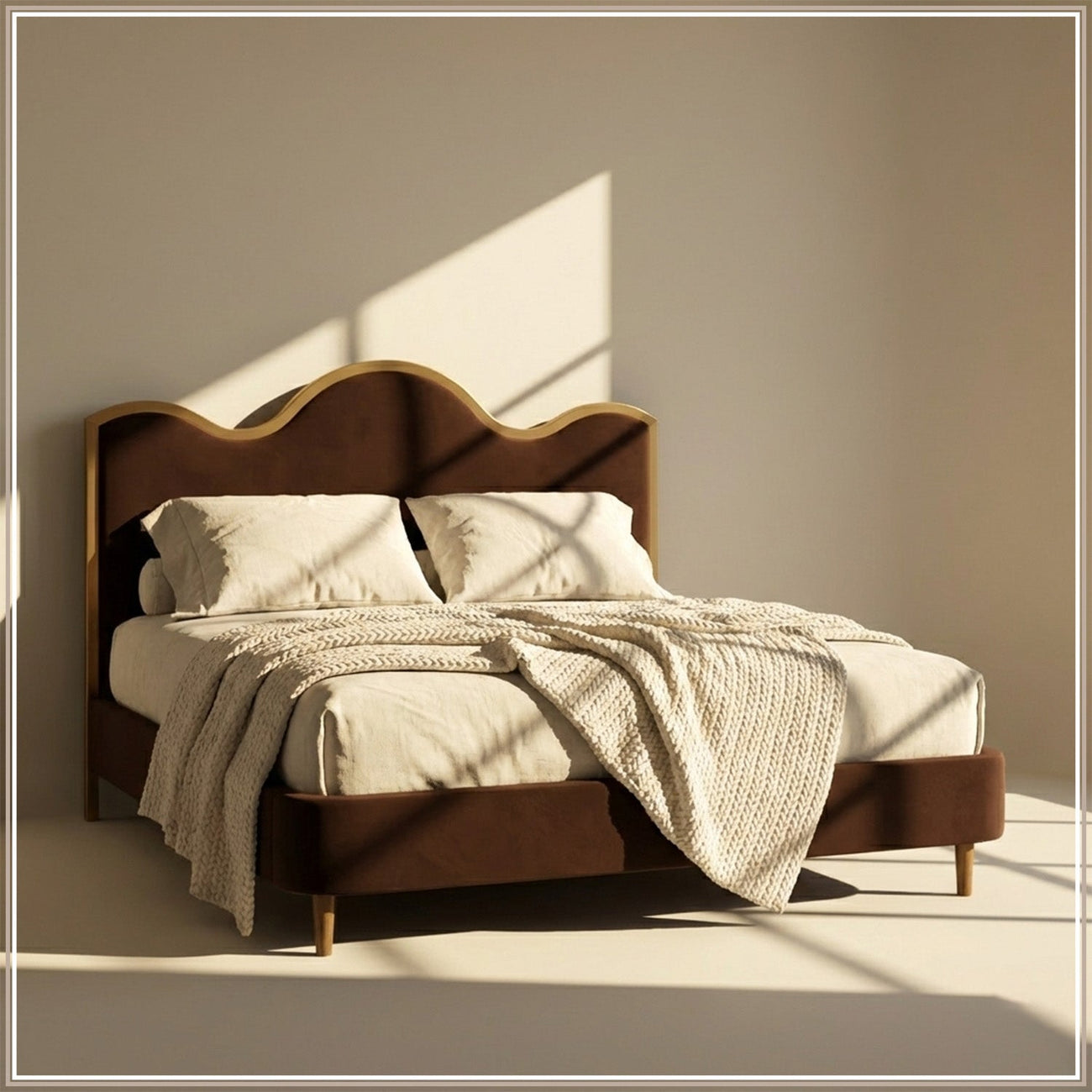 Solara Wave Luxe King Size Bed in Chocolate Velvet with Oak wood Frame & Hydraulic Storage