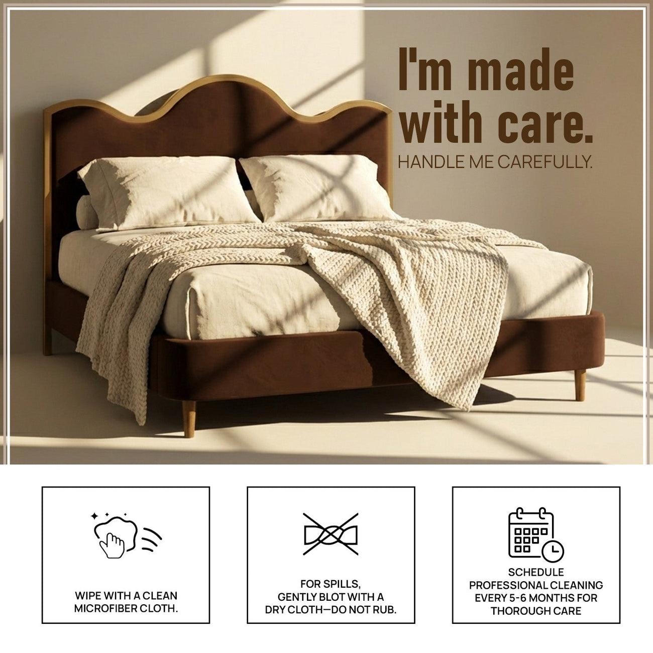 Solara Wave Luxe Queen Size Bed in Chocolate Velvet with Oak wood Frame & Hydraulic Storage