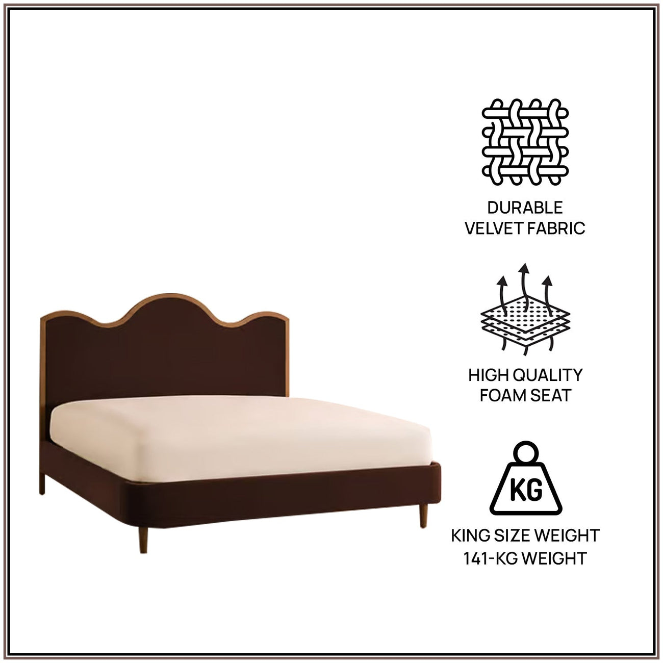 Solara Wave Luxe King Size Bed in Chocolate Velvet with Oak wood Frame & Hydraulic Storage