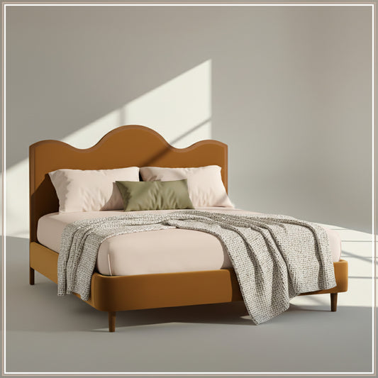 Solara Wave Luxe Queen Size Bed in Mustard Velvet with Oak wood Frame & Hydraulic Storage