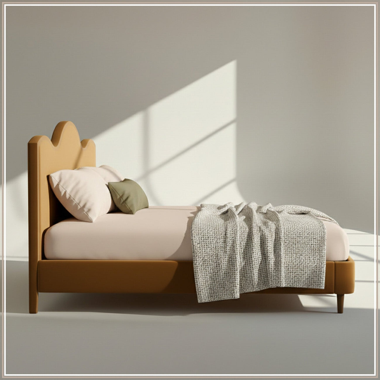 Solara Wave Luxe King Size Bed in Mustard Velvet with Oak wood Frame & Hydraulic Storage