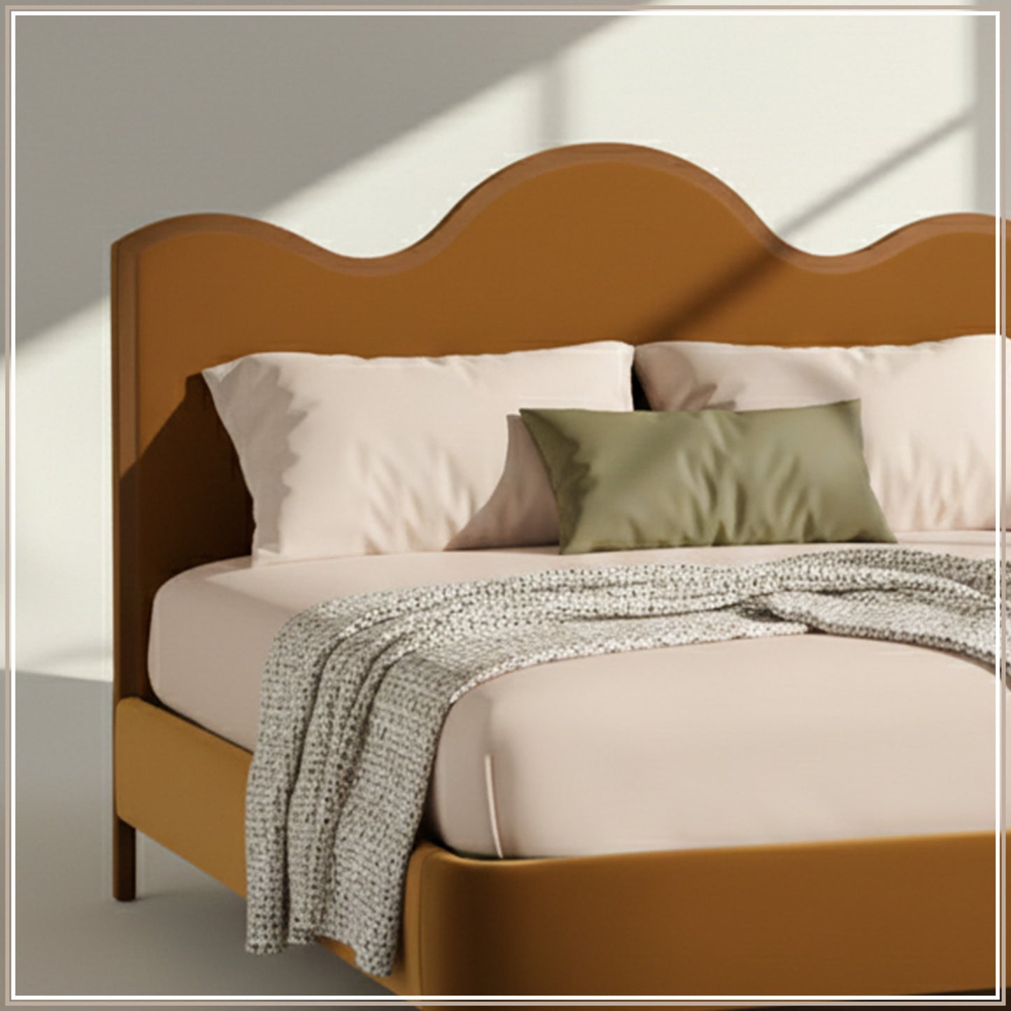 Solara Wave Luxe King Size Bed in Mustard Velvet with Oak wood Frame & Hydraulic Storage