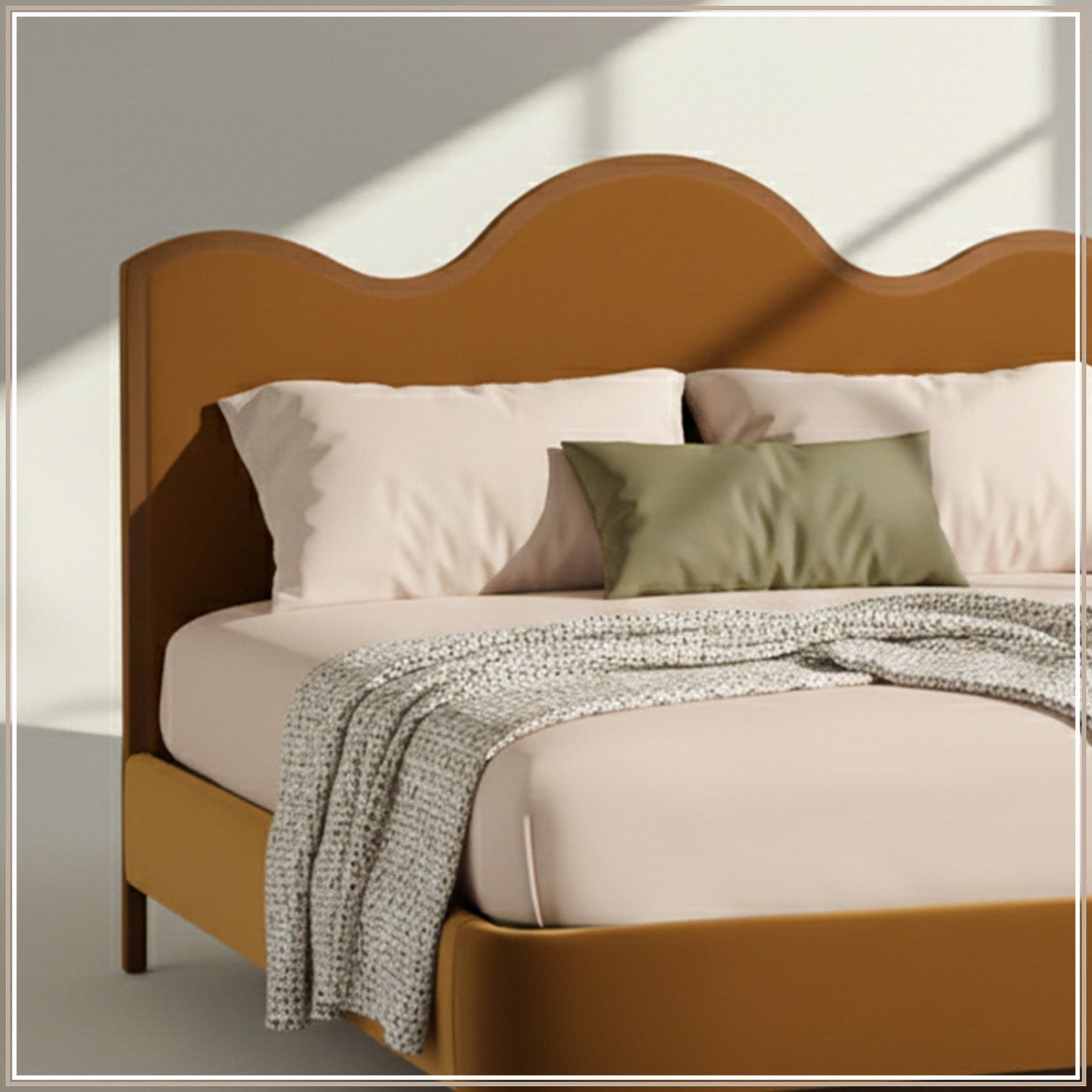 Solara Wave Luxe King Size Bed in Mustard Velvet with Oak wood Frame & Hydraulic Storage