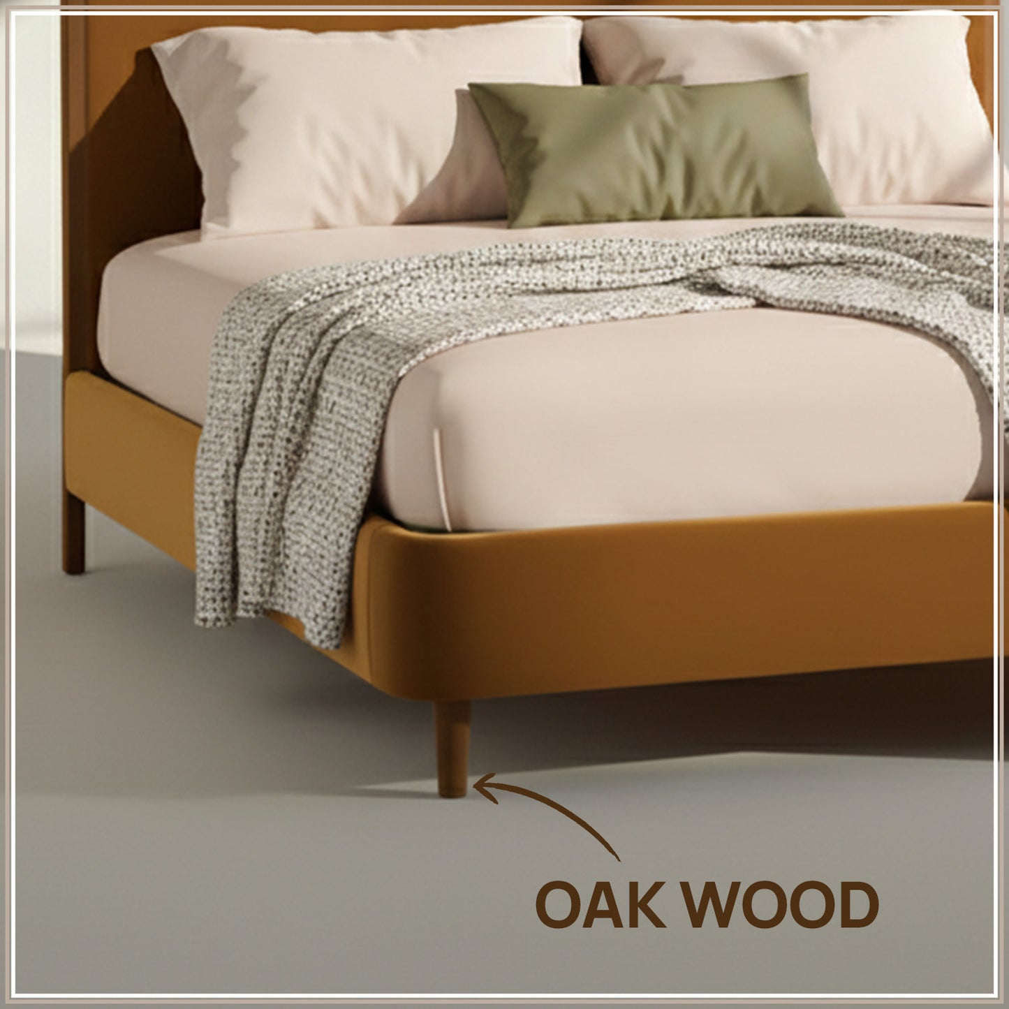 Solara Wave Luxe King Size Bed in Mustard Velvet with Oak wood Frame & Hydraulic Storage