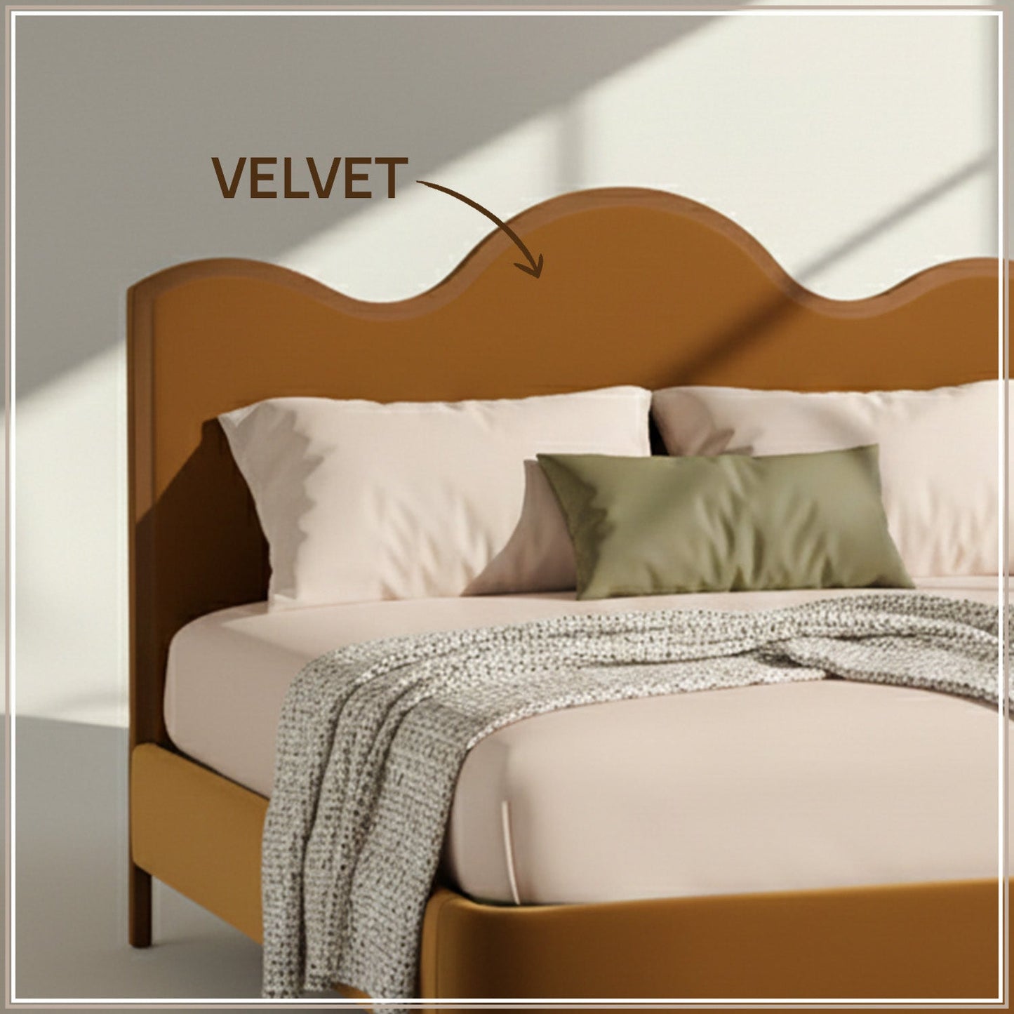 Solara Wave Luxe Queen Size Bed in Mustard Velvet with Oak wood Frame & Hydraulic Storage
