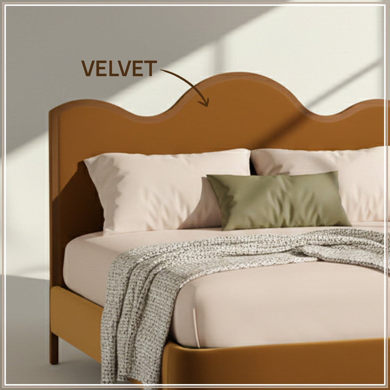 Solara Wave Luxe King Size Bed in Mustard Velvet with Oak wood Frame & Hydraulic Storage