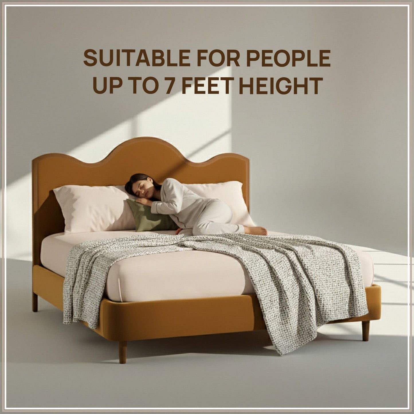 Solara Wave Luxe Queen Size Bed in Mustard Velvet with Oak wood Frame & Hydraulic Storage
