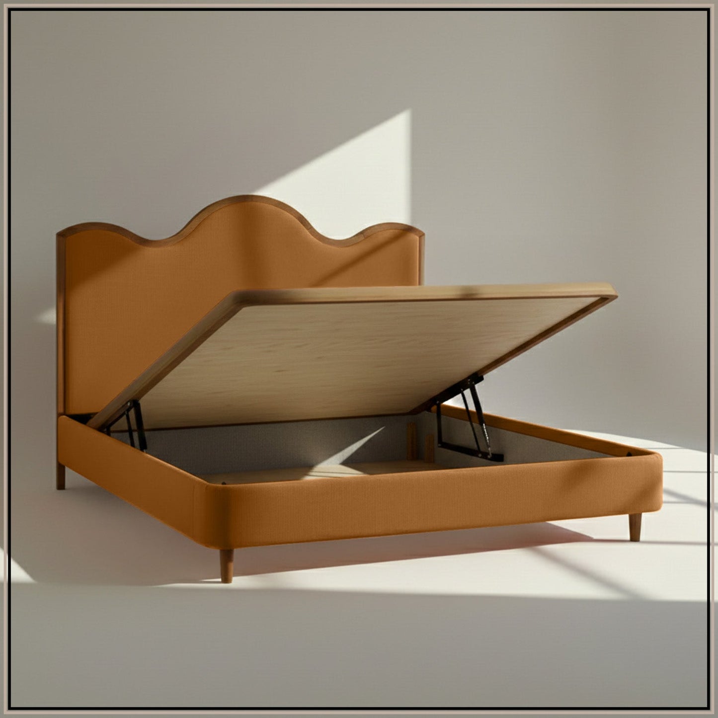 Solara Wave Luxe King Size Bed in Mustard Velvet with Oak wood Frame & Hydraulic Storage