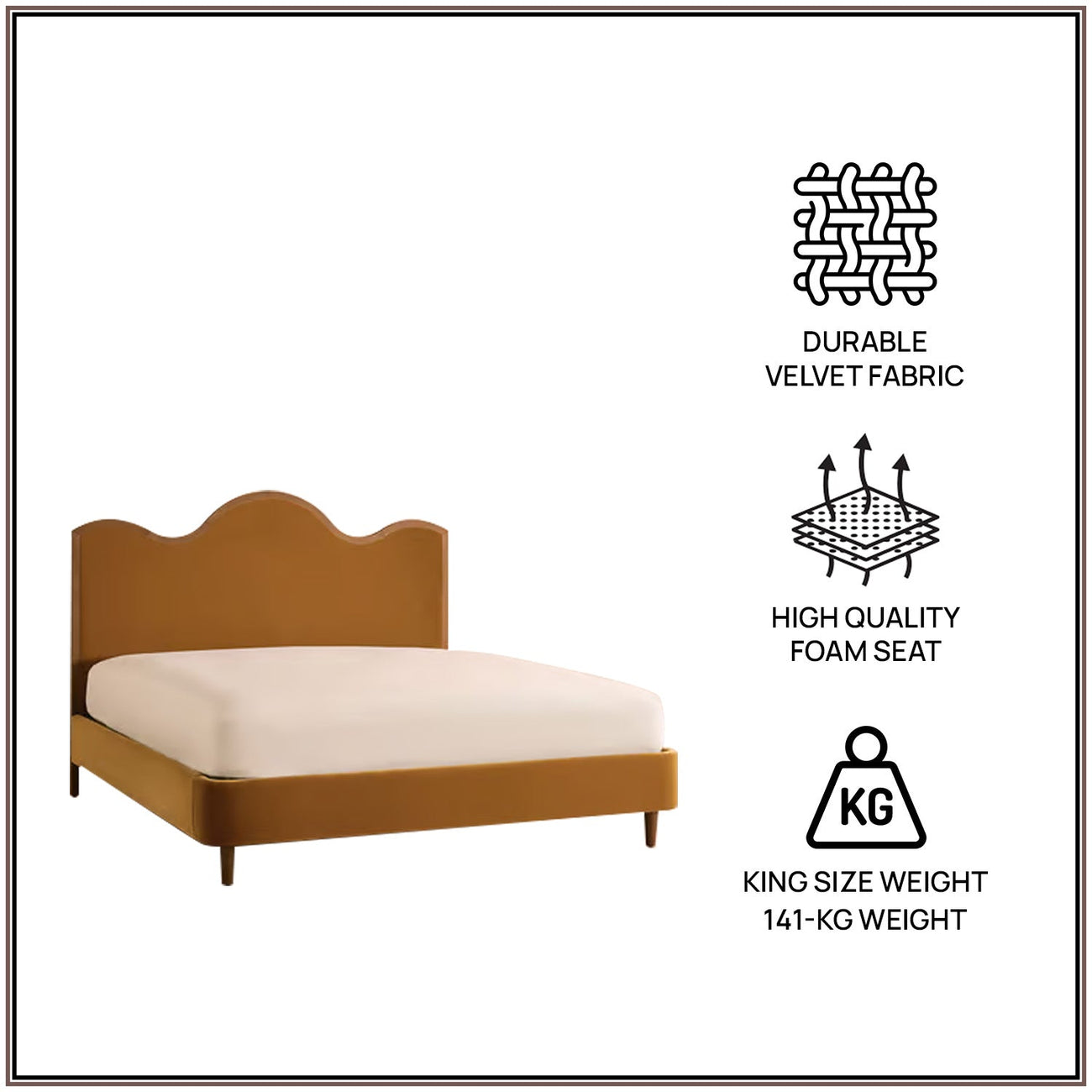 Solara Wave Luxe King Size Bed in Mustard Velvet with Oak wood Frame & Hydraulic Storage
