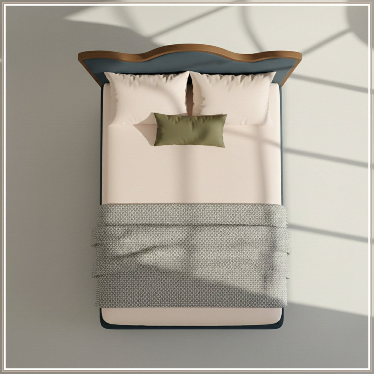 Solara Wave Luxe Queen Size Bed in Grey Blue Velvet with Oak wood Frame & Hydraulic Storage