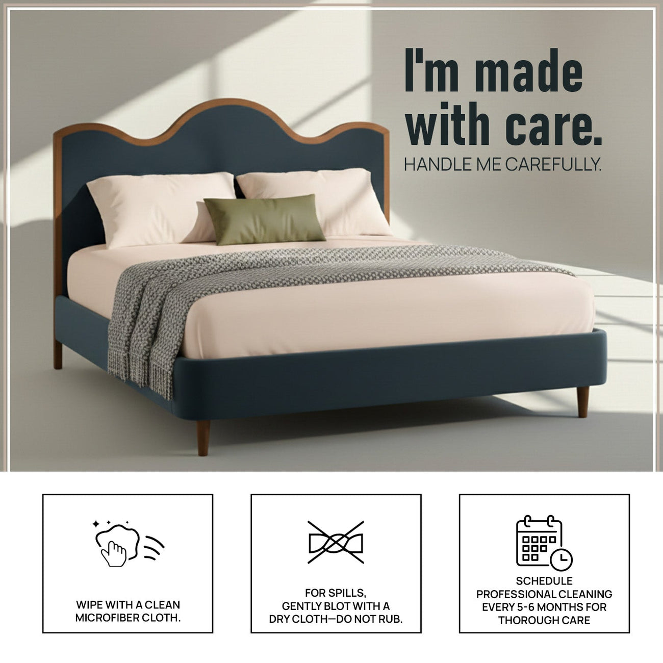 Solara Wave Luxe King Size Bed in Grey Blue Velvet with Oak wood Frame & Hydraulic Storage