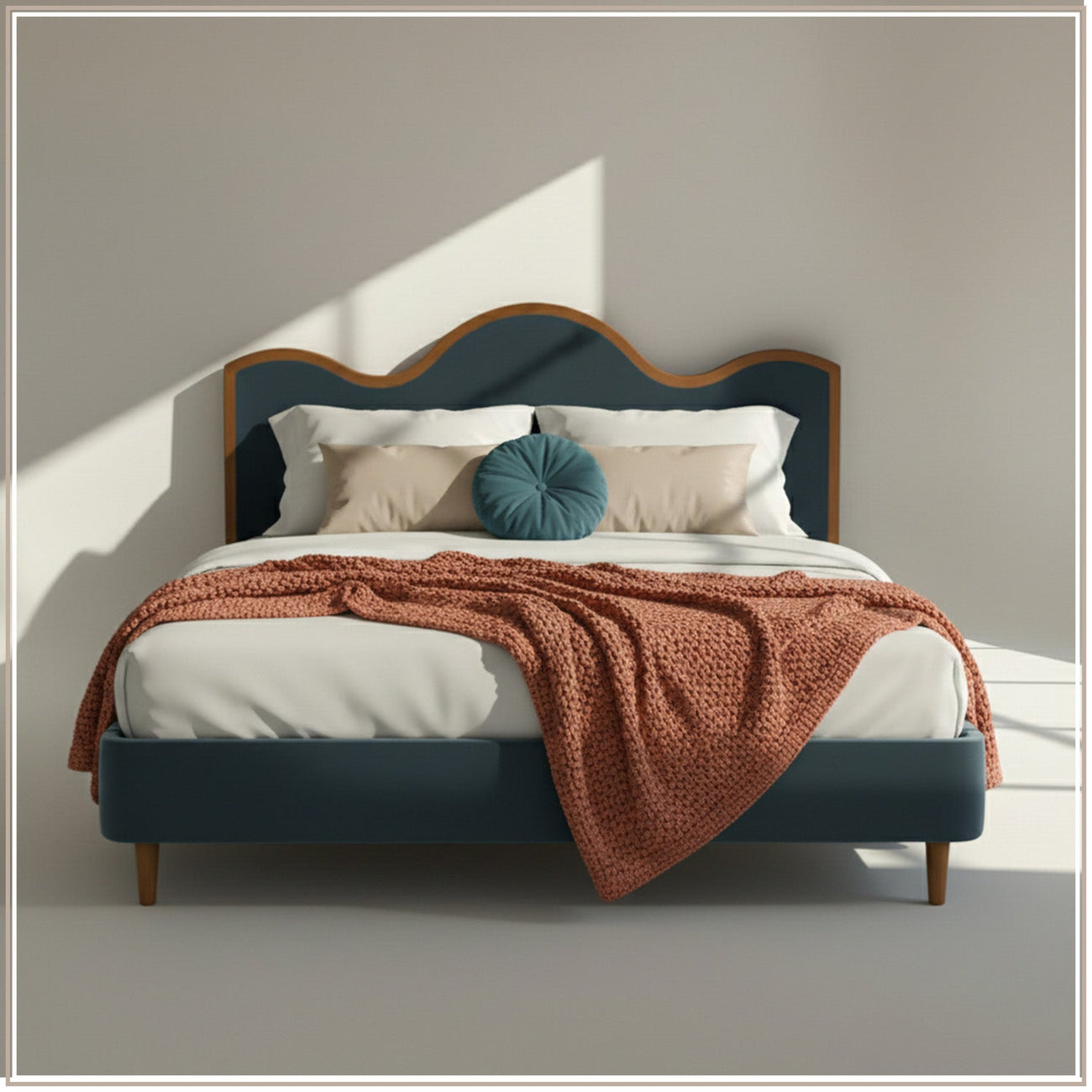 Solara Wave Luxe Queen Size Bed in Grey Blue Velvet with Oak wood Frame & Hydraulic Storage