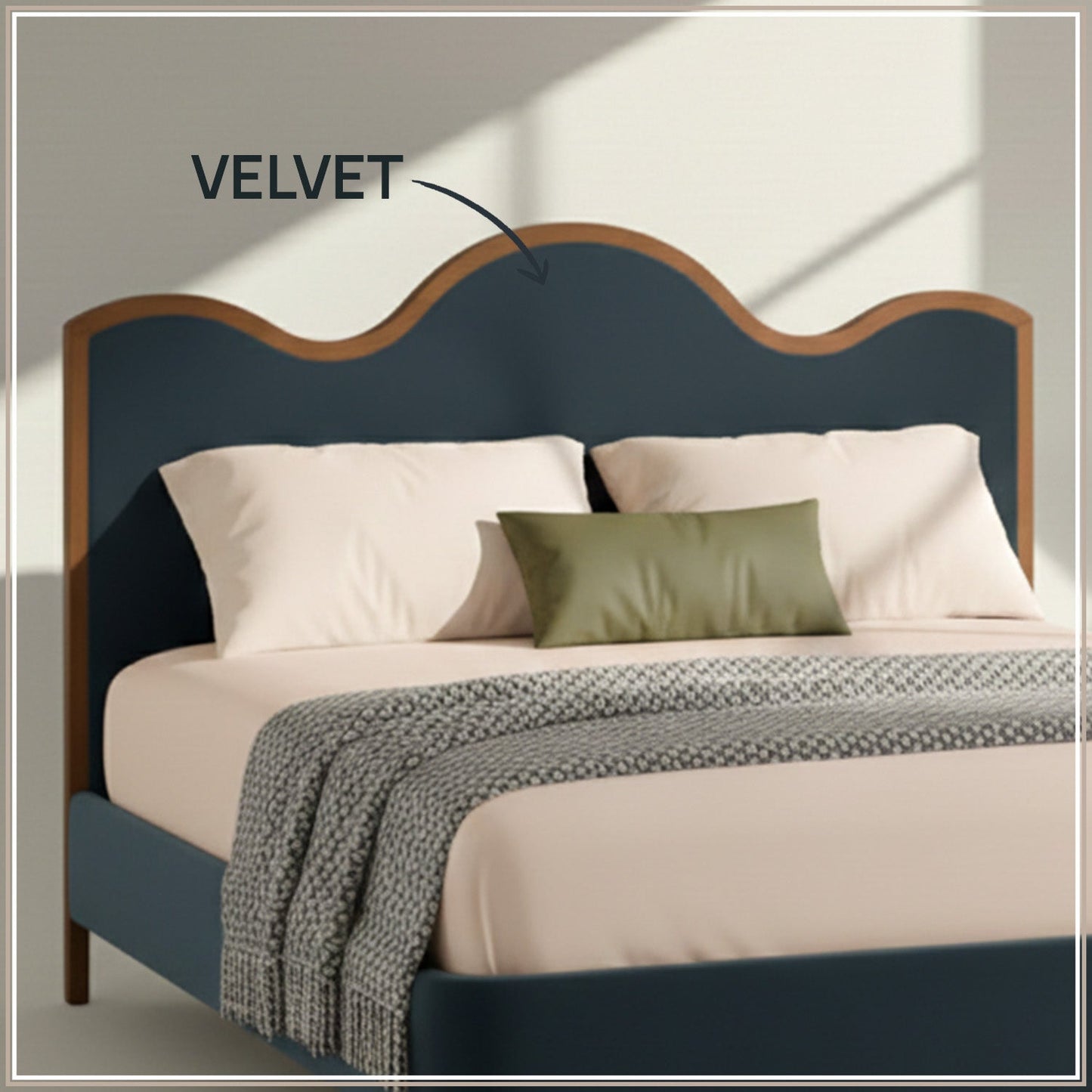 Solara Wave Luxe Queen Size Bed in Grey Blue Velvet with Oak wood Frame & Hydraulic Storage