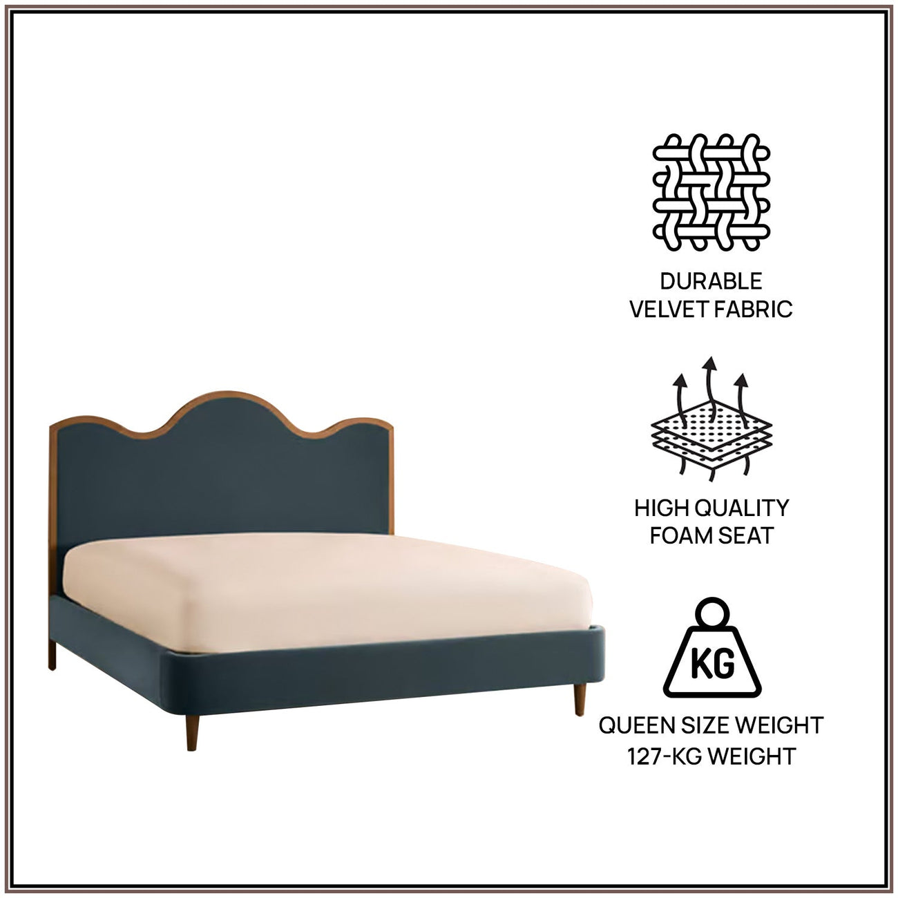 Solara Wave Luxe Queen Size Bed in Grey Blue Velvet with Oak wood Frame & Hydraulic Storage