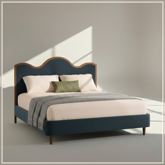 Solara Wave Luxe Queen Size Bed in Grey Blue Velvet with Oak wood Frame & Hydraulic Storage
