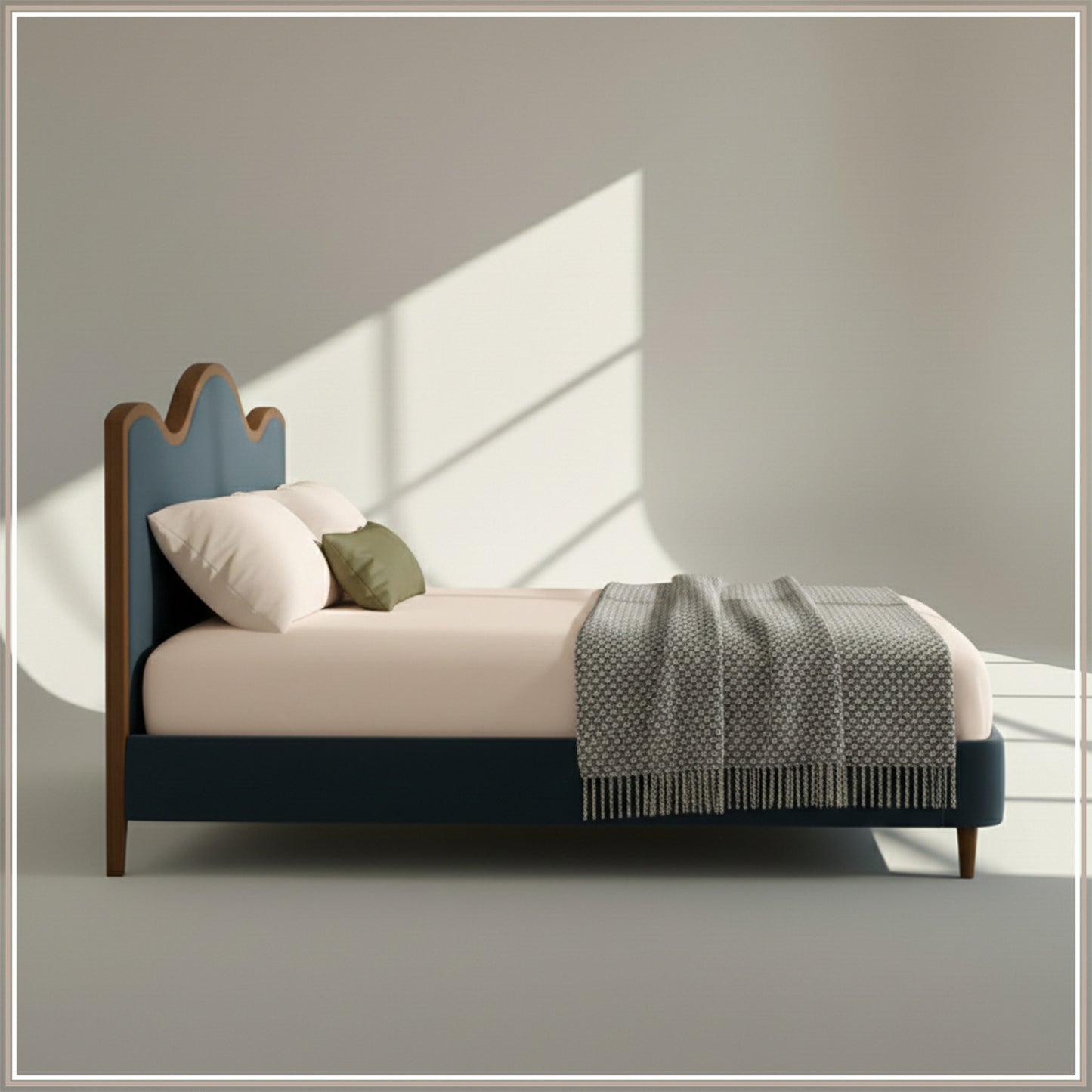 Solara Wave Luxe King Size Bed in Grey Blue Velvet with Oak wood Frame & Hydraulic Storage