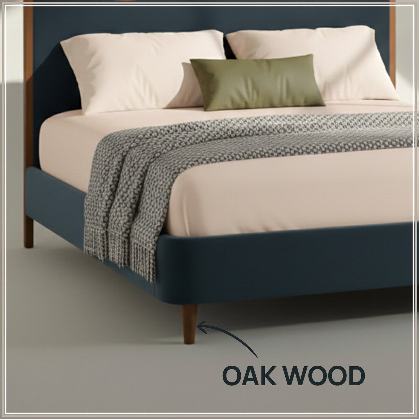 Solara Wave Luxe King Size Bed in Grey Blue Velvet with Oak wood Frame & Hydraulic Storage
