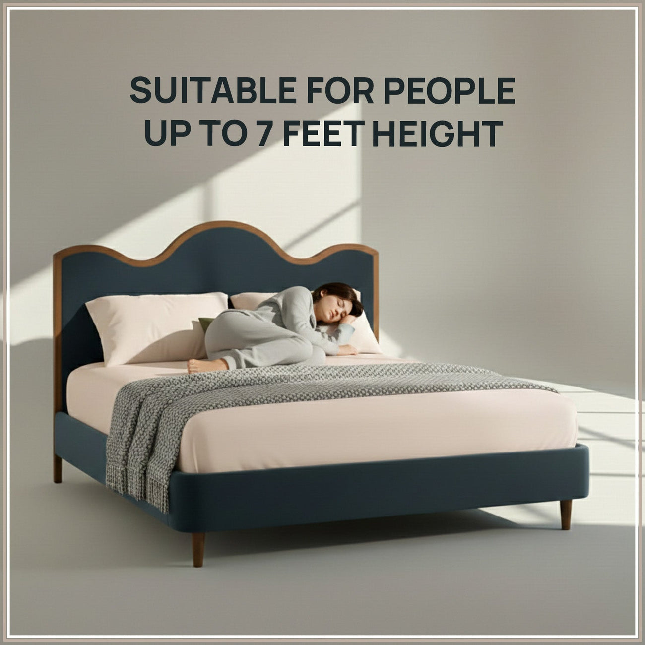 Solara Wave Luxe King Size Bed in Grey Blue Velvet with Oak wood Frame & Hydraulic Storage