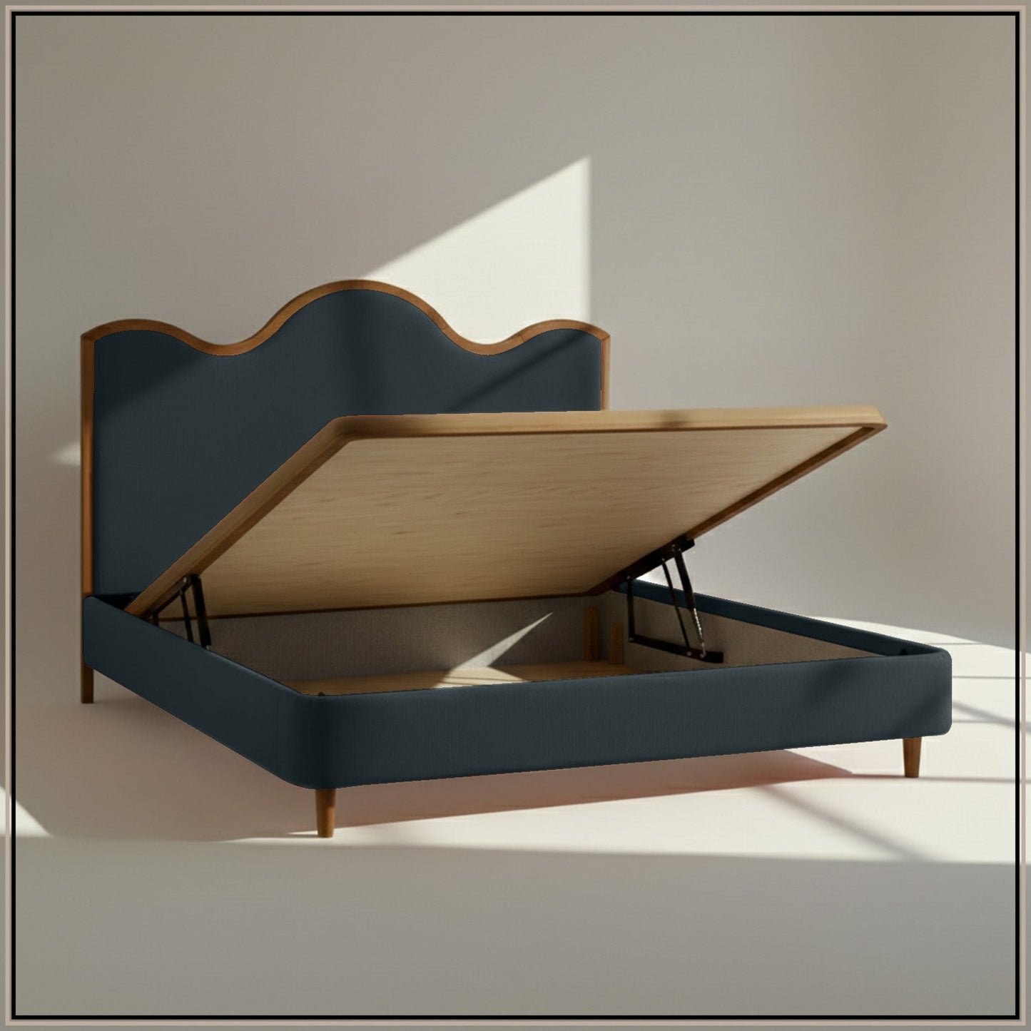Solara Wave Luxe King Size Bed in Grey Blue Velvet with Oak wood Frame & Hydraulic Storage
